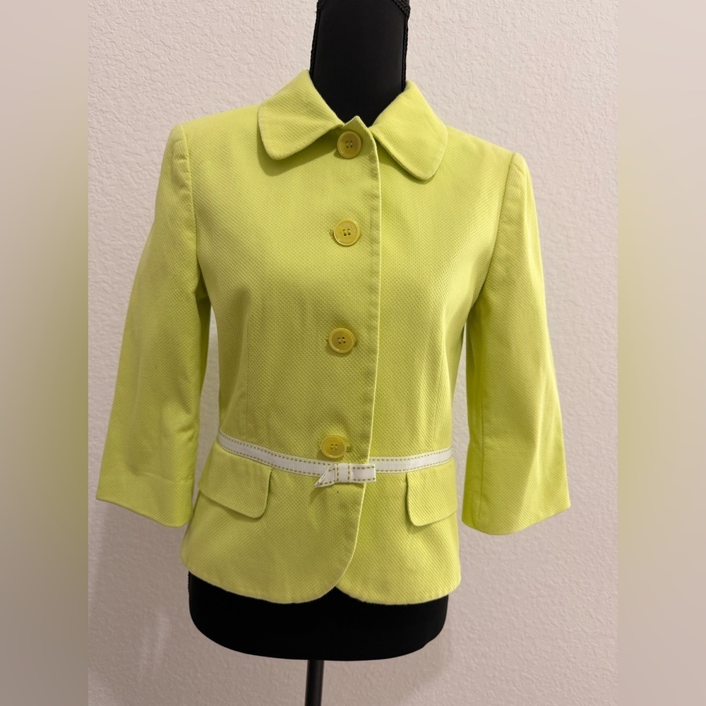 Amitié Lime Green Pique Knit Jacket | 3/4 Sleeve Cotton (98%) Button Up Blazer